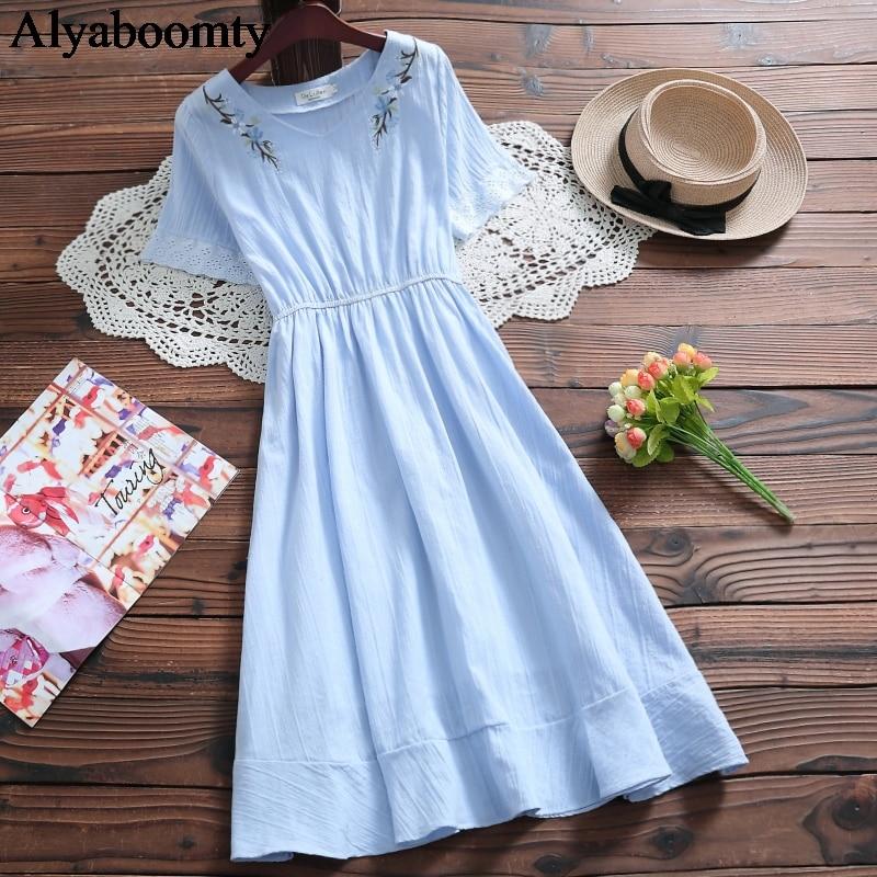 Mori Girl Summer Women Cotton Cute Dress V Neck Blue Apricot Floral Embroidery Elegant Dress Hollow Out Jacquard Vintage Dresses